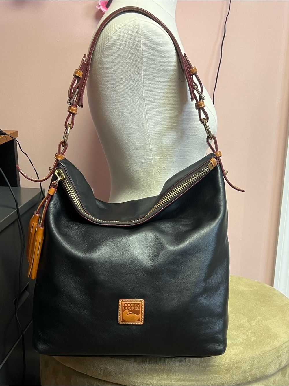 Dooney & Bourke Black Leather Shoulder Hobo with Brown Trim